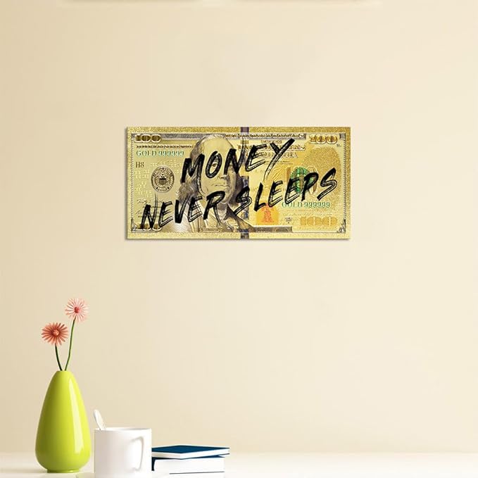 Money Wall Art - Yellow Golden 100 Dollar Bill Canvas Print, Framed Inspirational Quotes Wall Decor Money Never Sleeps Motivational Artwork Ready to Hang-32x16 inch
