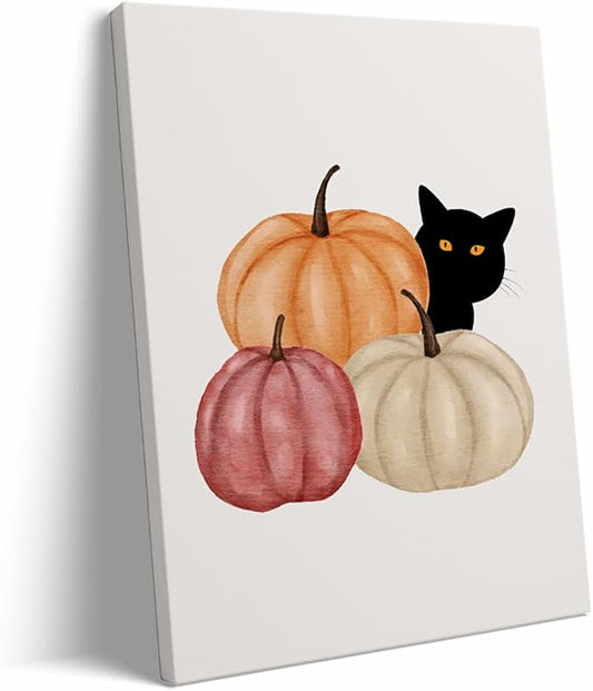 Framed Autumn Canvas Print Wall Art Cat Halloween Print posters Halloween Poster Fall Wall Decor Rustic Home Wall Decoration 12x16 framed