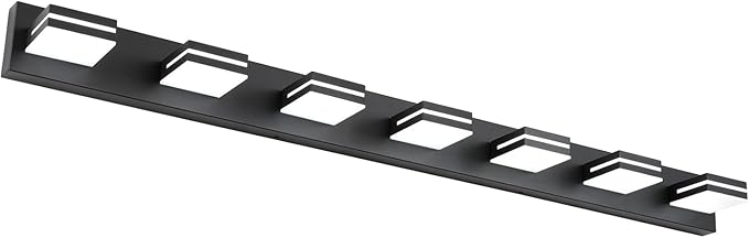 SineRise LED Modern Bathroom Vanity Light Fixtures (7-Light, 55-Inch, Dimmable), Matte Black Modern Acrylic Bathroom Wall Lighting Fixtures Over Mirror (Cool White 6000K)