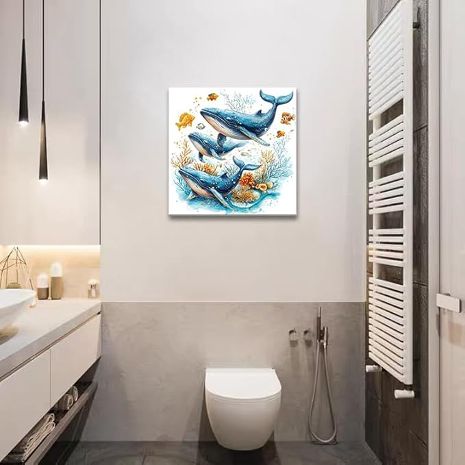 dgbtcart Ocean Bathroom Wall Art Watercolor Sea Turtle Starfish Whale Canvas Pictures Beach Coastal Prints Painting Marine Life Artwork for Living Room Bedroom Decorations 12"x12"x4pcs