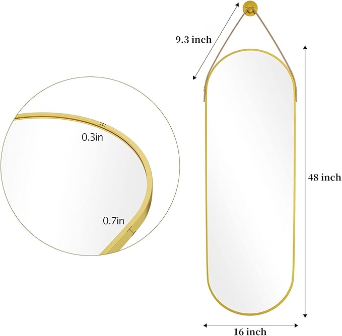 16"x48" Oval Full Length Mirror with Leather Strap Hanging Mirror with Aluminum Frame, Oval Gold Wall-Mounted Mirrors for Living Room Bedroom Entryway Décor, Gold
