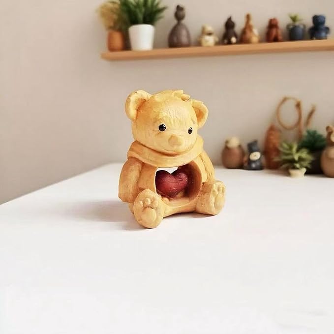 Cute Wooden Bear Figurine – Carved Hollow Love Bear Statue in Acrylic Display Box, Romantic Couples Gift for Anniversary, Valentine’s Day, Birthday, Unique Home & Office Shelf Decor