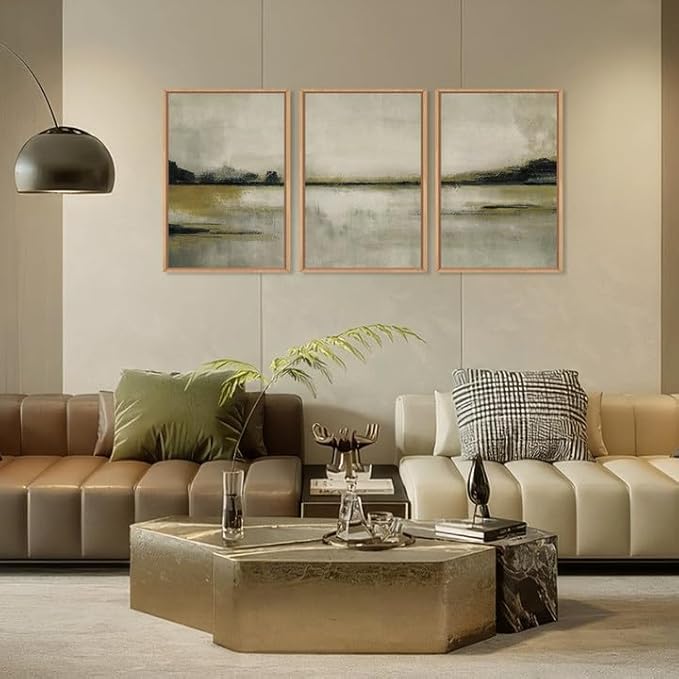 KAIRNE Large Neutral Abstrcat Landscape Wall Art Set, 3 piece Abstrcat Mountain Lake Wall Decor, Neutral Tan Scenery Wall Painting, Nature Landscape Art Print for Bedroom, Living Room, Office 16"x24"