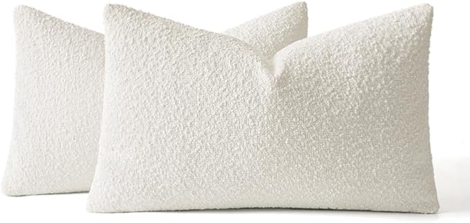 MIULEE 12x20 Inch Decorative Lumbar Throw Pillows for Bed Set of 2 Textured Boucle Neutral Throw Pillow Covers White Accent Solid Pillowcase Cozy Soft Sofa Livingroom Home Decor