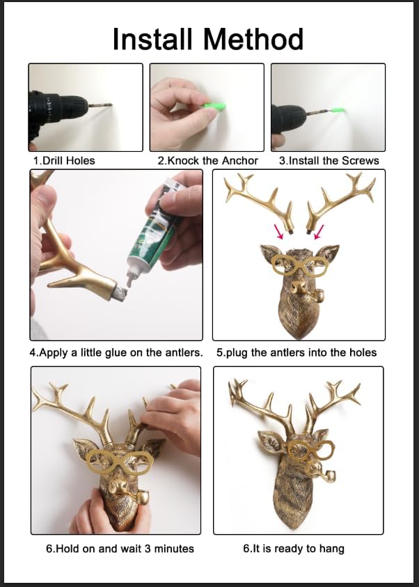 Animal Heads Wall Decor (5pcs, Includes Metal Frame) Resin Animals Sculptures Head Wall Hanging Decoration Gold vintage Wall Sculpture for Living Room Bedroom Office