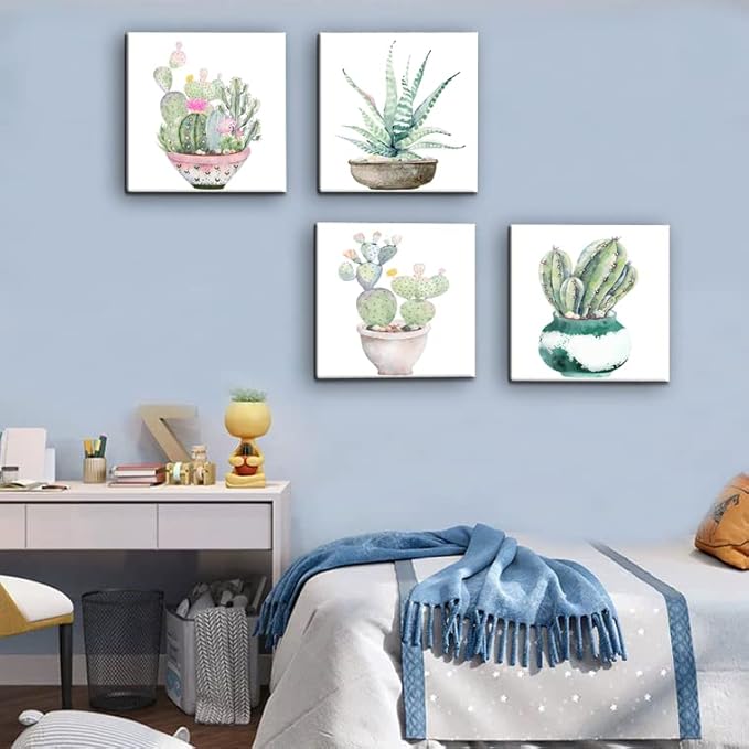 Succulent Plants Bathroom Decor Wall Art, Green Cactus Pictures Canvas Print, Botanical Paintings for Bedroom Living room Office Decoration - 20" X 20"