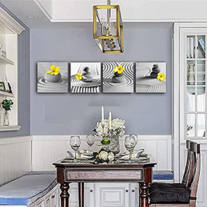 Yxbhhym Yellow Gray Wall Art Black White Zen Wall Art Floral Wall Pictures Flower Zen Painting Stone Sand Pebble Canvas Poster Artwork for Wall Decor Living Room Bedroom Bathroom Decor Framed