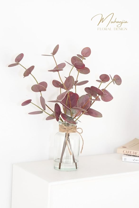 Artificial Eucalyptus Stems in Glass Vase with Faux Water,3Pcs Fake Plant with Double-Sided Purple Leaves for Centerpiece(Double-Sided Purple Eucalyptus)