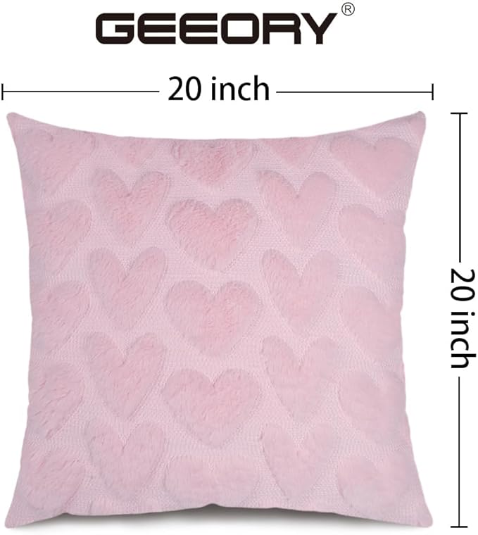 GEEORY Valentines Day Soft Plush Love Heart Pillow Covers, 20 x 20 Inch Set of 2, Faux Fur Wool Decorative Anniversary Cushion Case for Sofa Home Decoration Pink GC011-20