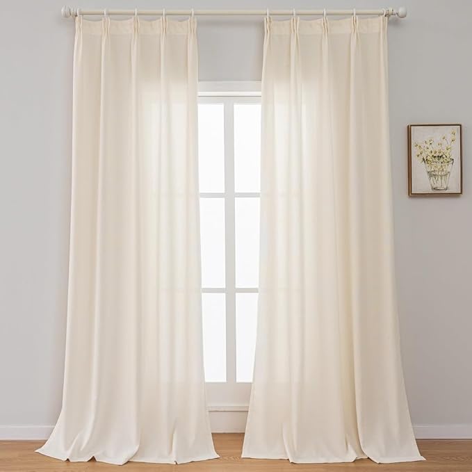 Cream Beige Thick Linen Semi Sheer Curtains 90 Inches Long, Boho Light Filtering Drapes Set of 2, Pinch Pleat Curtain with Hooks