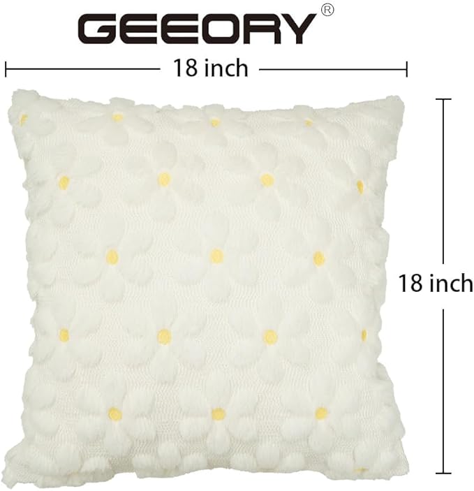 GEEORY Daisy Soft Plush Pillow Covers, 18 x 18 Inch Set of 2, Fluffy Faux Fur Wool Decorative Farmhouse Cushion Case for Sofa Home Decoration Cream GC030-18