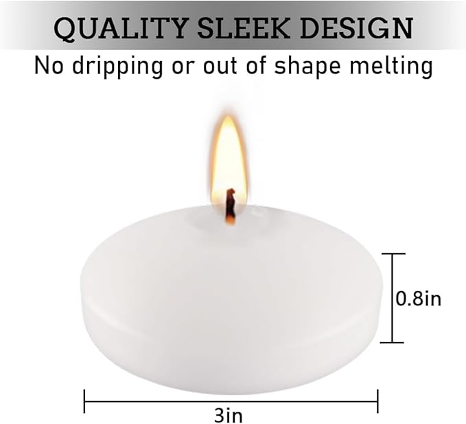 Set of 24， 3-inch Floating Candles, White Smoke-Free and odorless, Burning continuously for 8-9 Hours, Suitable for Valentine's Day, Weddings, Holidays, Home Decoration