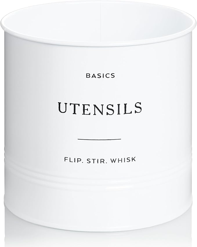 D'Lifeful Kitchen Utensil Holder for Countertop - 7" x 7" Large Utensil Holder for Kitchen Counter - Farmhouse Spatula & Cooking Tools Organizer - White Metal Crock for Modern Aesthetics