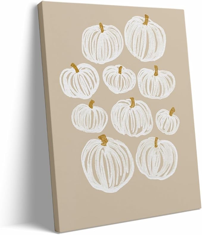 Generic Framed Neutral Pumpkin Painting Posters Modern Fall Canvas Print Wall Art, Beige Fall Decor Abstract Autumn Poster Halloween Decor 20x30""framed