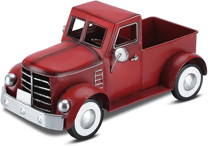 Red Truck Farmhouse Table Decor, Farm Metal Car Trucks Basket for Indoor and Outdoor, Vintage Pick-up Desktop Storage, Decorative Home Christmas Decorations