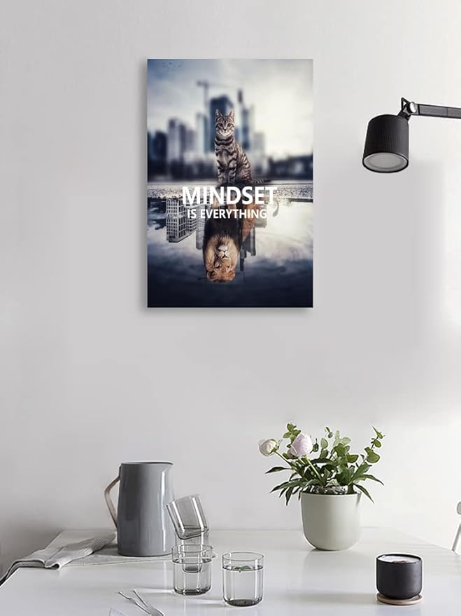 Inspirational Animal Cat And Lion Mindset is Everything Inspirational Wall Art Canvas Print Artwork Frame Decoration Modern Home Decoration Living Room Bedroom Ready to Hang[12''W X 18''H]
