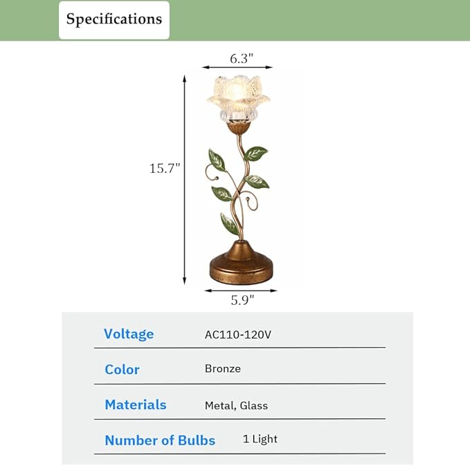 Glass Table Lamp, Antique Flower Decorative Bedside Desk Lamp with Green Leaf, Small Retro Decorative Lamp for Bedroom Living Room Bronze Finish