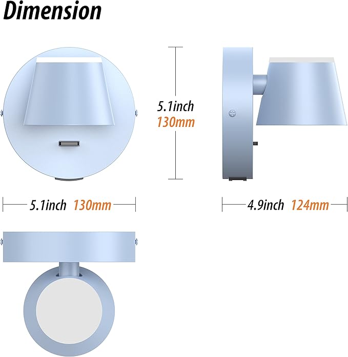 URSOLA Wall Light LED Wall Sconce with On/Off Switch USB Charging Port 110 Volt Hardwired Wall Lamp 350 Rotatable Up Down Sconces Wall Lighting (Blue)