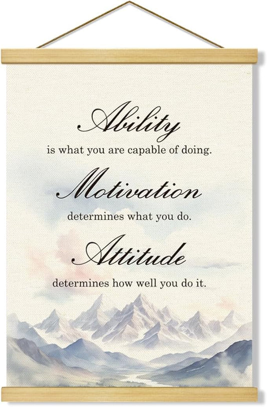 Inspirational Canvas Poster,Ability is What You're Capable of Doing, Canvas Poster Wood Hanger, Motivational Home Office Decor,Classroom Decor,Positive Mindset Canvass Banner, Farmhouse Hanging Decors
