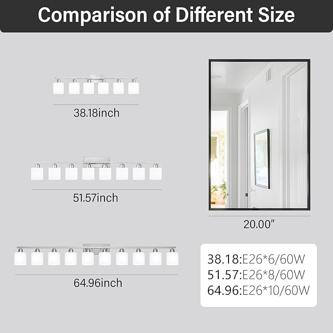 Brushed Nickel Vanity Light for Large Mirror, 6 Light Bathroom Lighting Fixtures Over Mirror with Milky White Frosted Glass Shades, 38 inch Bathroom Light for Mirrors, E26 Socket