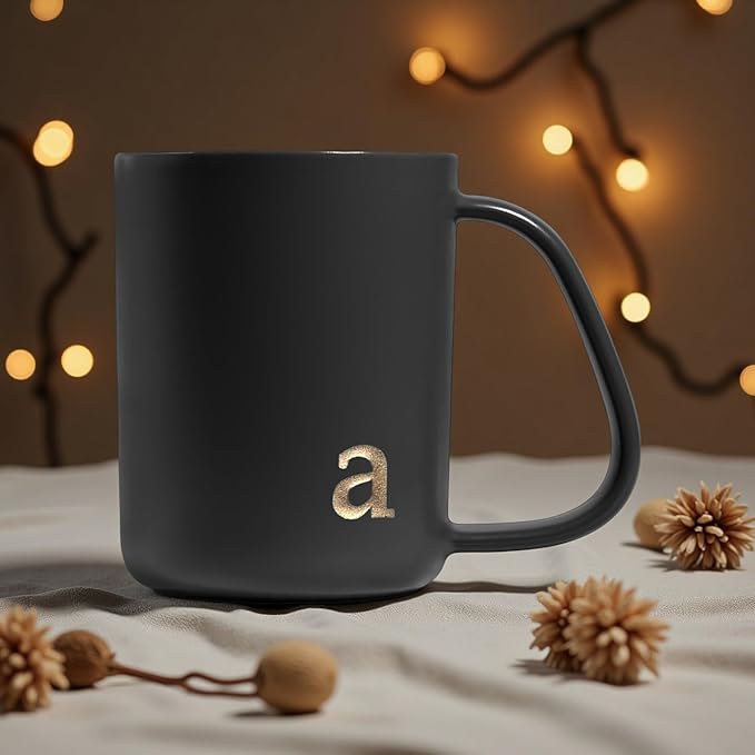 COLLECTIVE HOME - Ergonomic Handle Ceramic Mug, 15 oz Personalized Coffee Cup with Golden Initial, Microwave & Dishwasher Safe, Elegant Monogram Tea Mug in Gift Box for Home & Office (Black-a)