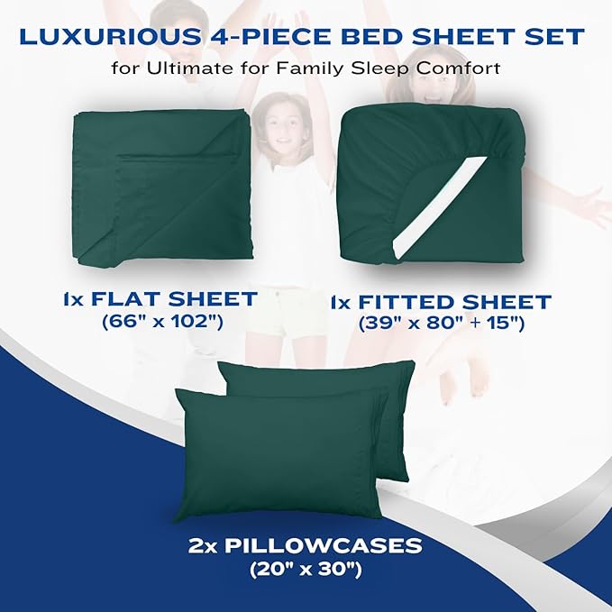 DREAMCARE Twin XL Sheets Set - 4 Pcs Cooling Bed Sheets with Up to 15" Deep Pockets - Soft, Long-Lasting 100% Brushed Polyester with Side Pocket (Emerald Green)