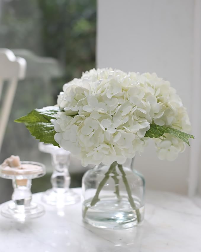 Real Touch Artificial White Hydrangea in Vase for Home Decoration, Fake Centerpieces for Tables, Lifelike Flowers for Bathroom, Office and Water Bar