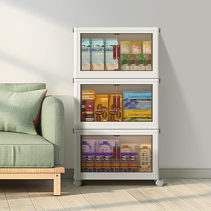 3-Tier Stackable Storage Bins with Lids & Open Front Design, Foldable Storage Bins with Wheels for Home Organization, Collapsible Space Saving Multi-Layer Storage Organizer, 86QT