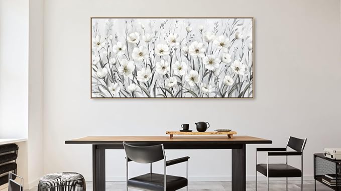 arteWOODS Flowers Framed Wall Art - Grey White Wildflowers Canvas Pictures Wall Decor Botanical Painting Artwork Elegant Floral Prints for Living Room Bedroom Home Decor 48 x 24in Natural Wood Frame