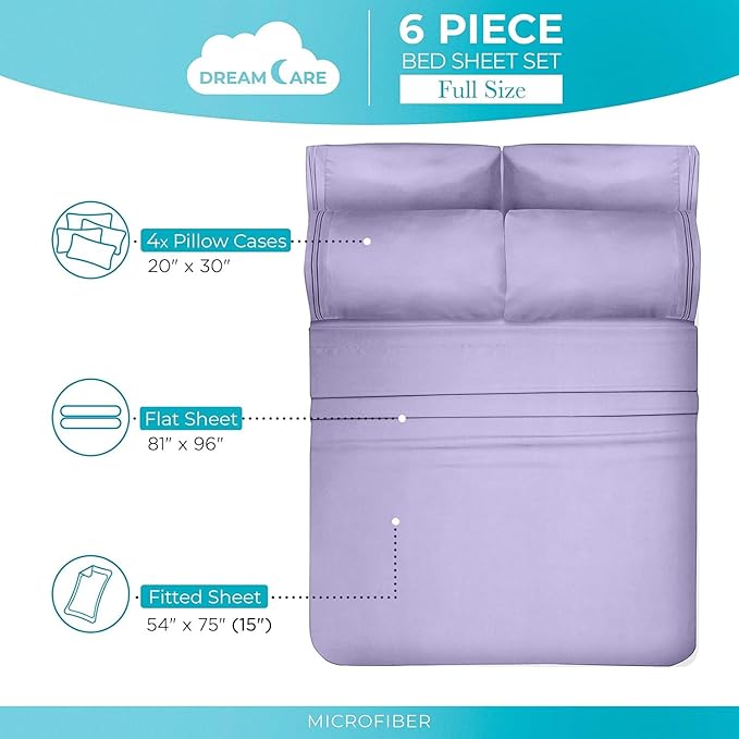 DREAMCARE Full Size Sheets Set - 6 Pcs Deep Pocket Cooling Bed Sheets - Soft, Long Lasting 100% Brushed Microfiber with Side Pocket (Lavender, Full)