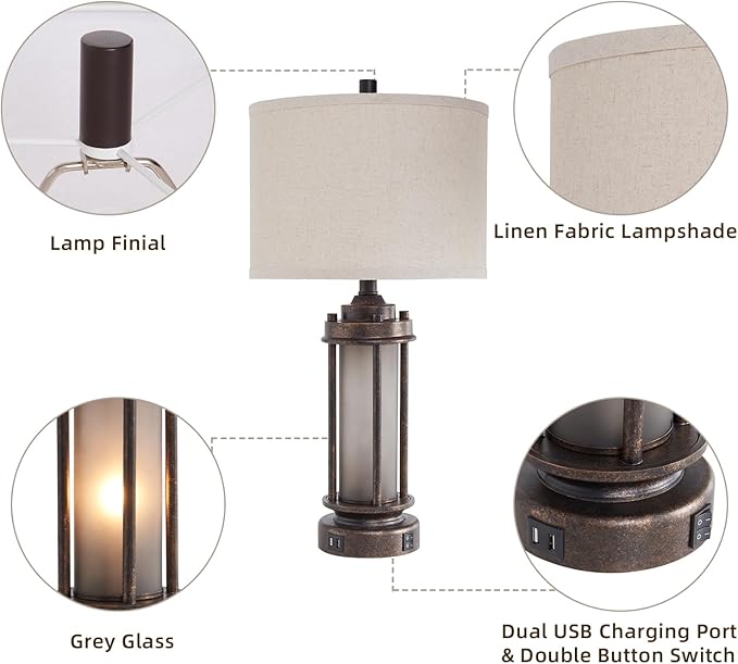 25'' Farmhouse Table Lamp with 2 USB Charging Ports, Rustic Vintage Nightstand Lamp with Frosted Glass Nightlight, Retro Desk Lamp for Living Room Bedroom End Table Entryway, 2 Bulbs Included