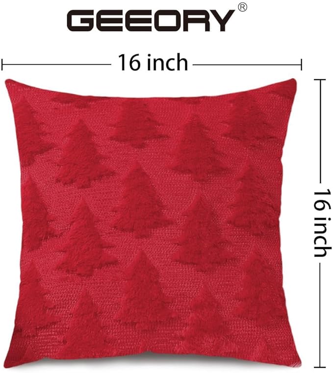 GEEORY Christmas Tree Throw Pillow Covers 16x16 Inch Set of 2, Xmas Winter Soft Plush Faux Fur Wool Decorative Farmhouse Holiday Cushion Case for Home Decoration (Red) GC005-16