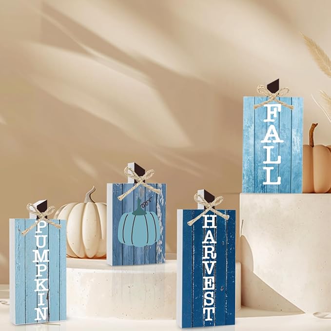 Fall Decorations for Home Thanksgiving Decorations Indoor Autumn Decor Sign Fall Gifts for Women Men Blue Pumpkin Vintage Fall Centerpieces for Dining Table Farmhouse Kitchen Bathroom Bedroom Office