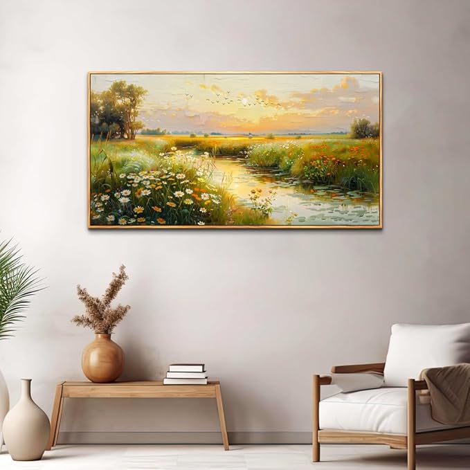 ZUITINGHUA Wood Framed Canvas Wall Art For Living Room Large Wall Decor For Office Bedroom Decorations Pastoral Scenery Picture Water edge Painting Artwork Ready To Hang Home Decor 30x60 In