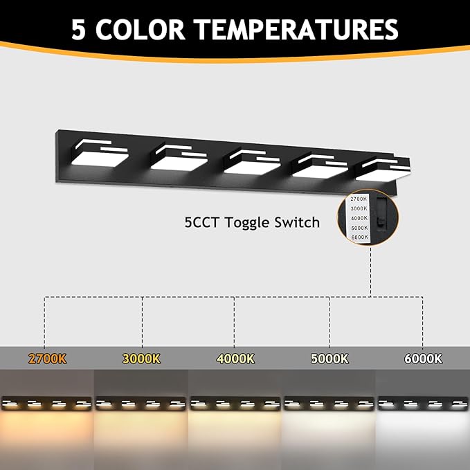 LED Modern Bathroom Vanity Light Fixtures 5-Light 5CCT Dimmable Matte Black Vanity Lights for Bathroom Lighting Fixtures Over Mirror, with 350° Rotatable Acrylic Heads, 34-inch