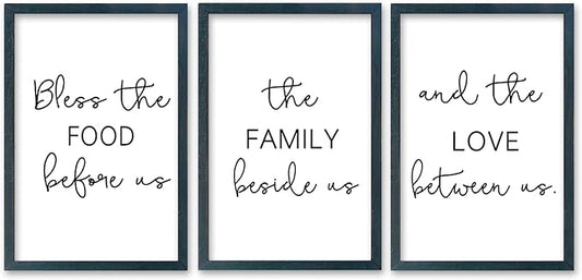 SRSZHIYUE Dining Room Wall Decor Bless the Food Before Us The Family Beside Us And The Love Wall Sign Set of 3 16"×11" Between Us for Rustic Kitchen Wood Framed Horizontal Wall Hanging Art (Black)