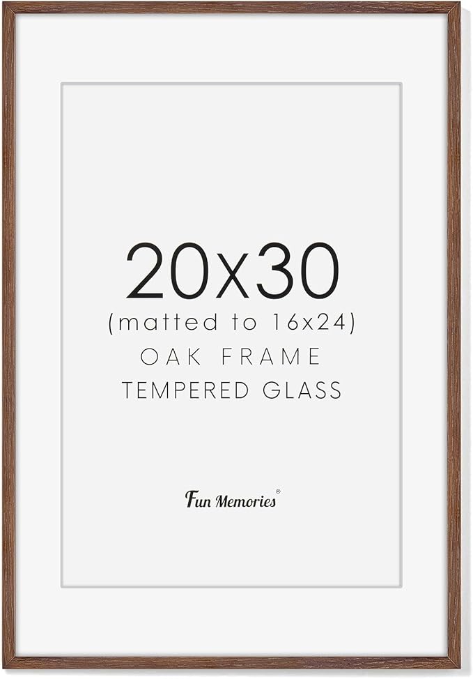 20x30 Picture Frame, Rustic Wood 20 x 30 Poster Frames for Wall, Oak Wood Picture Frames 20 by 30 with Real Glass, 20x30 Frame Matted for 16x24, Large Wooden Photo Frame 20x30 Inch, Walnut Color, 1 Pack
