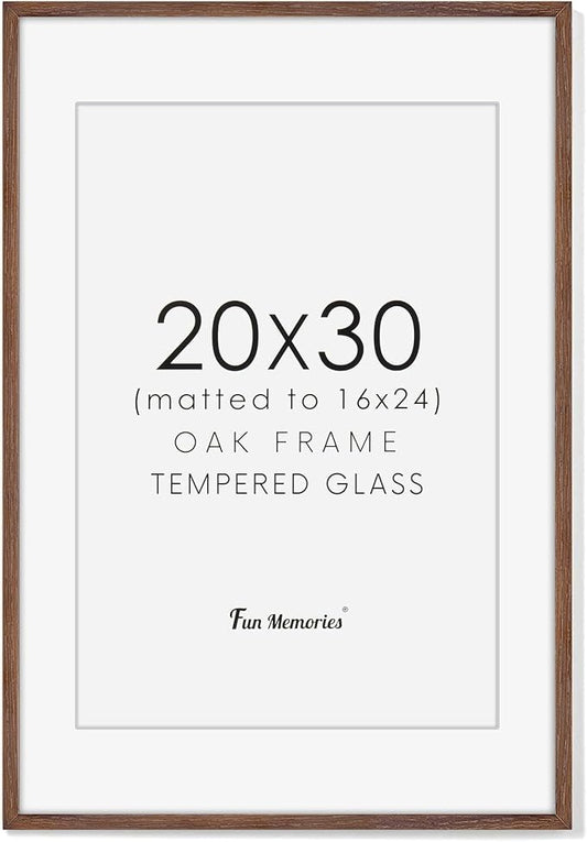 20x30 Picture Frame, Rustic Wood 20 x 30 Poster Frames for Wall, Oak Wood Picture Frames 20 by 30 with Real Glass, 20x30 Frame Matted for 16x24, Large Wooden Photo Frame 20x30 Inch, Walnut Color, 1 Pack