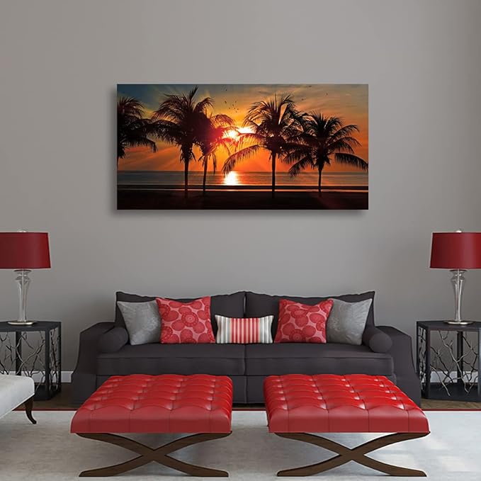 Beach Canvas Wall Art Seascape Theme Pictures Home Decor Blue Ocean Coconut Tree Sunset Prints Paintings for Living Room Bathroom Bedroom Kitchen Office Decoration Natural Scenery Artwork 20x40inches
