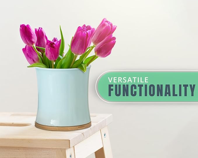 Comfify Large Ceramic Kitchen Utensil Holder with Bamboo Base - Modern Utensil Crock for Countertop Organization - Kitchen Counter Organizer for Cooking Tools, Spatulas, Spoons & More - Blue Ceramic