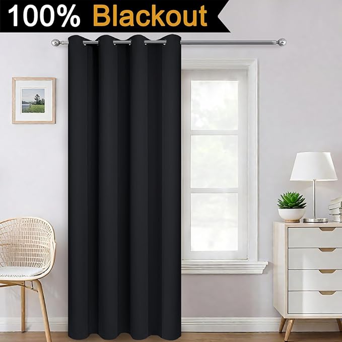 Yakamok 84 Inch Length 100% Blackout Curtains for Bedroom, 2 Thick Layers Thermal Insulated Grommet Total Blackout Drapes with Black Liner for Living Room (52Wx84L,Black, 1 Panel)