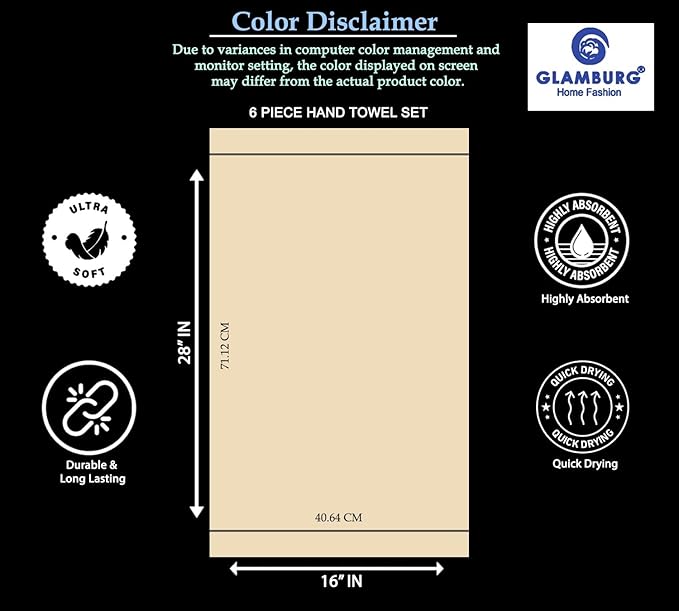 GLAMBURG Ultra Soft 6-Piece Hand Towel Set 16x28-100% Ringspun Cotton - Durable & Highly Absorbent Hand Towels - Ideal for use in Bathroom, Kitchen, Gym, Spa & General Cleaning - Black