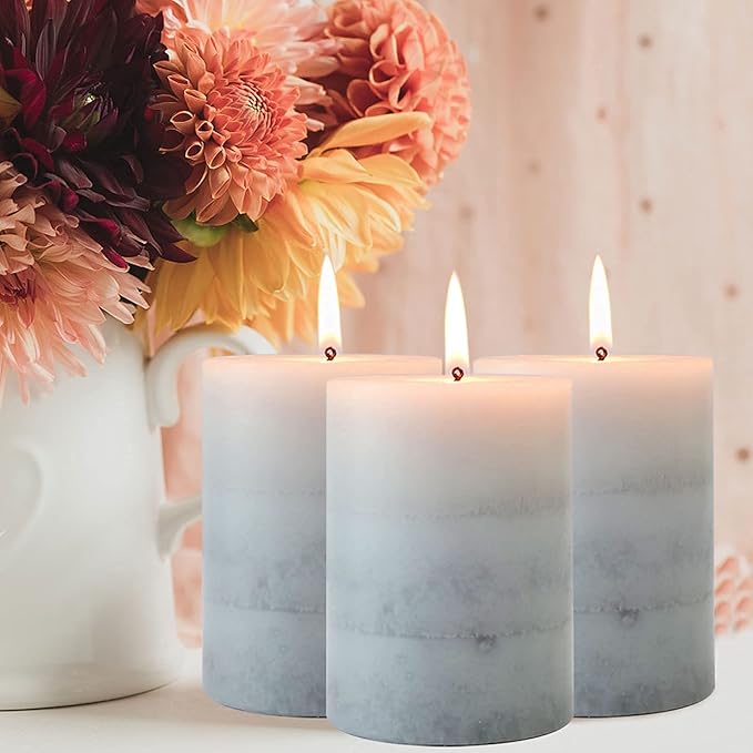 Gray Pillar Candles Cozy Cotton Scented Set of 3 Mottled 3 Layers Hand-Poured Classic Emergency Candle Aromatherapy Candles for Weddings, Home Decorations, Spa, Restaurant 3"X4"
