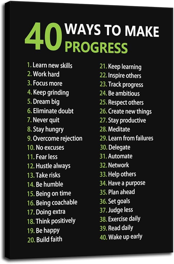 Inspirational Office Canvas Wall Art Motivational Positive Entrepreneur Quotes 40 Ways to Make Progress Painting Artwork Library Classroom Wall Decor Frame Ready to Hang[12''W X 18''H]