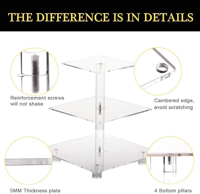 YestBuy 3 Tier Clear Square Cupcake Stand - Premium Cupcake Holder - Acrylic Cupcake Tower Display - Cady Bar Party Décor + LED Light String - Ideal for Weddings, Birthday Parties (Yellow Light)
