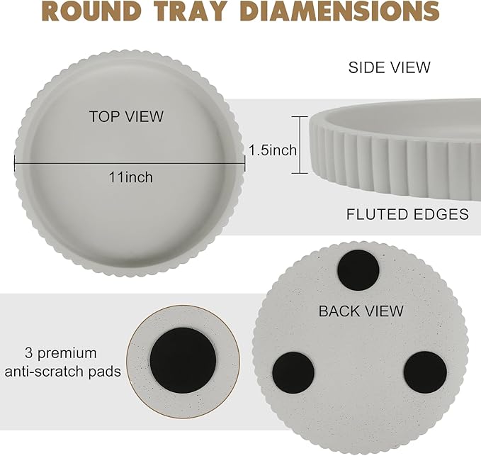 Round Decorative Tray for Coffee Table Decor-Modern Home Decor Tray-Concrete Coffee Table Serving Tray-Centerpiece Table Tray-Ottoman,Vanity, Bathroom, Kitchen,Dresser (Gray)