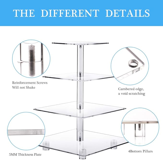 YestBuy 4 Tier Acrylic Cupcake Stand Afternoon Tea Cake Stand Large Cupcake Stand Cupcake Tower Cupcake Holder for Pastry + LED Light String Ideal for Weddings Birthday Bar Party Décor (Blue Light)