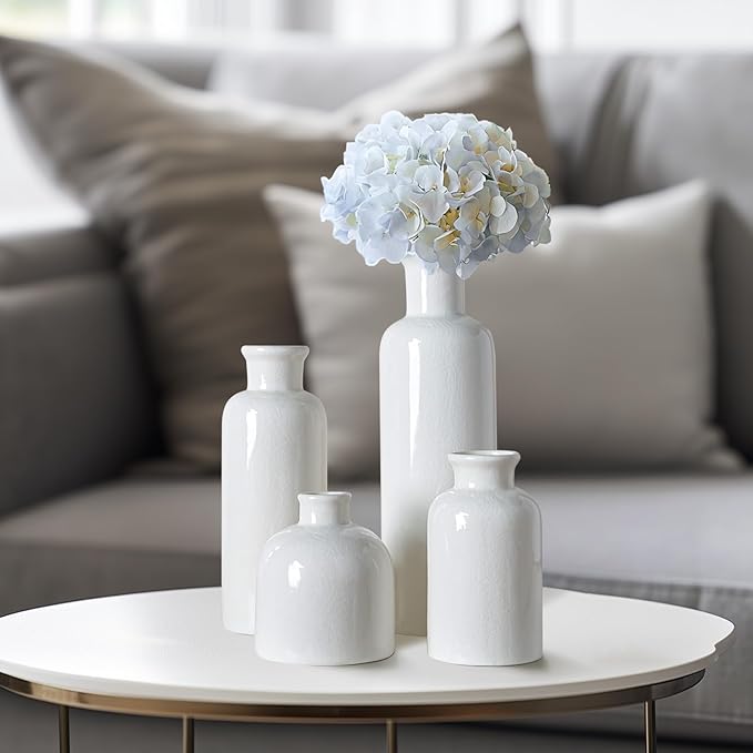 White Ceramic Vase Set, 10 Inch Farmhouse Decor Vase, Home Decorative Vases for Home Decor, Kitchen, Bedroom, Office, Living Room, Bathroom, Ideal Housewarming Gift (Modern White)