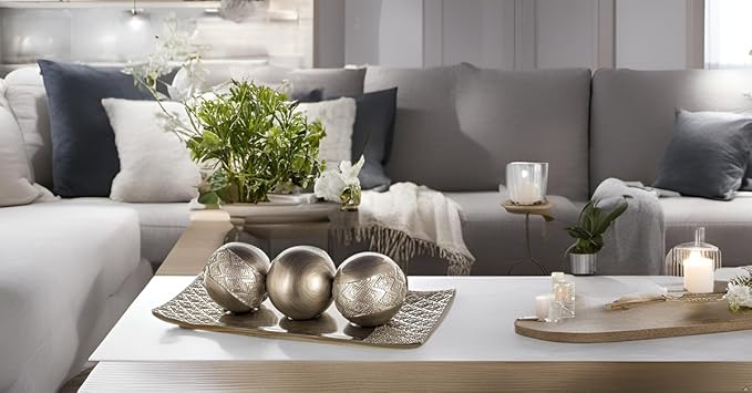Creative Scents Dublin Silver Decorative Tray and Orbs Balls Set - Centerpiece Bowl with Balls for Dining room Table, Rustic Coffee Table Decor for Living Room Decor, Gift Boxed