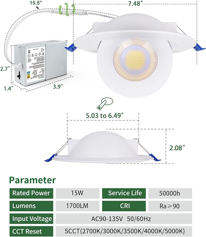 zouzai 5CCT LED Gimbal Led Recessed Light with Junction Box, 360°+90° Adjustable Directional Eyeball Lighting, Dimmable, 2700K/3000K/3500K/4000K/5000K,ETL&Energy Star (6 inch, White 6 Pack)